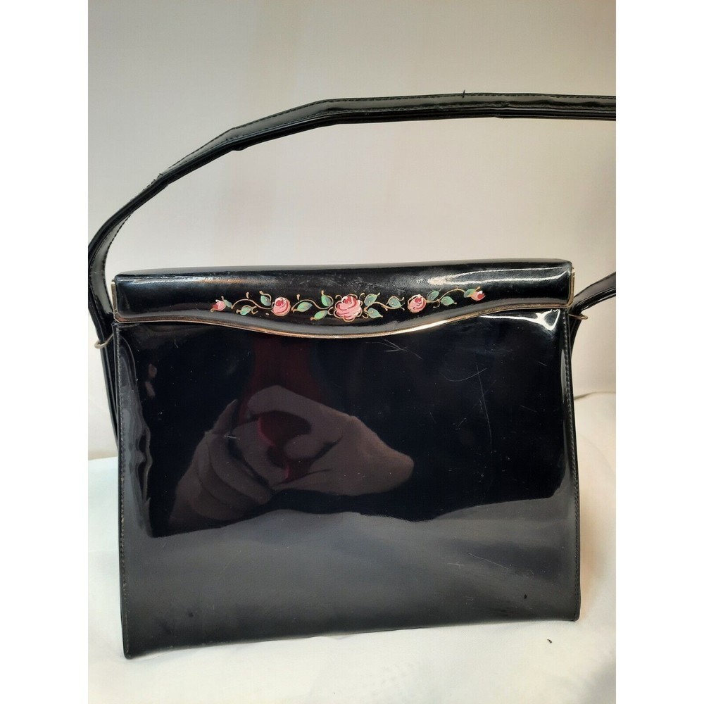 VTG ETRA Handbag Clasp Frame Single Compartment Purse Black Faux Patent Leather